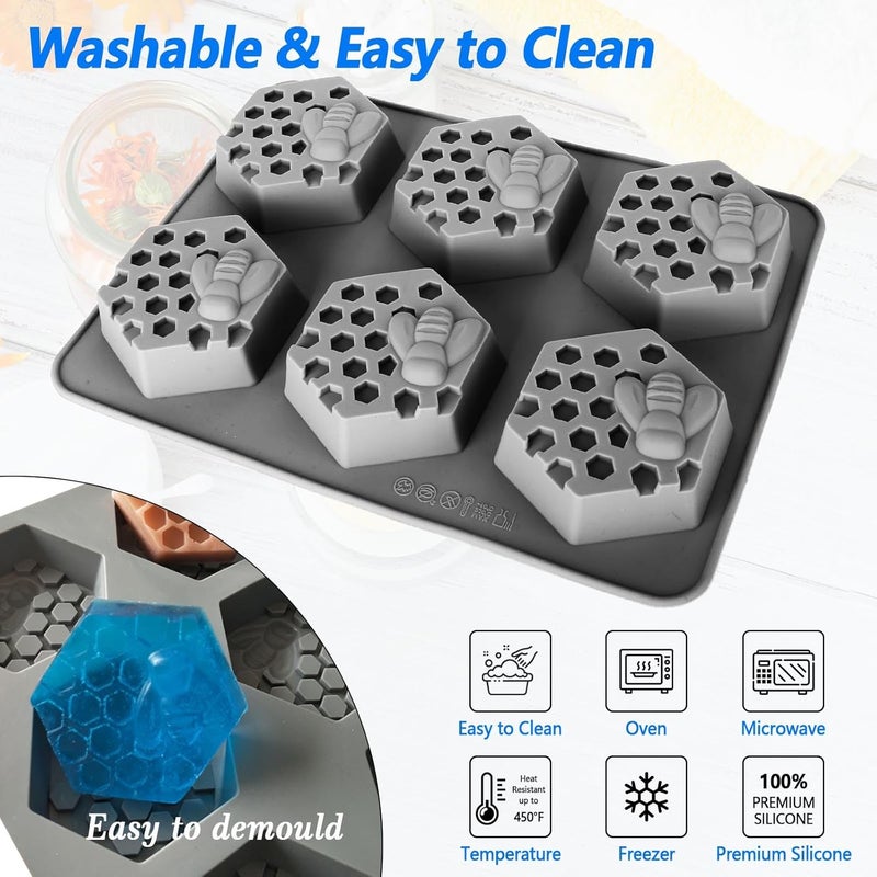 Fuehbur (More Styles Optional) 3 Pack Bee Soap Silicone Molds Set, Oval, Rectangular and Hexagon Shape 6 Cavities Honeycomb Moulds for DIY Craft, Wax Melts Beeswax, 3PCS - Image 5